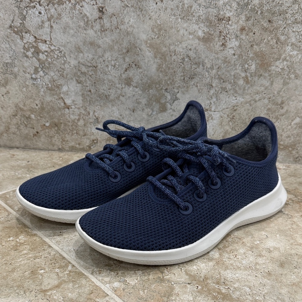 Allbirds Women's Navy Blue Mesh Sneakers with white soles.